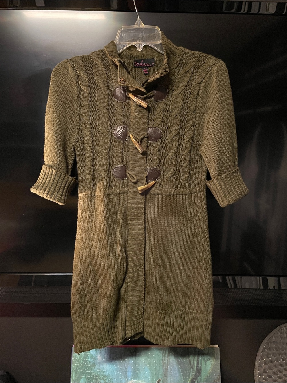 Takeout Olive Cable-Knit Short-Sleeve Cardigan with Toggle Closures